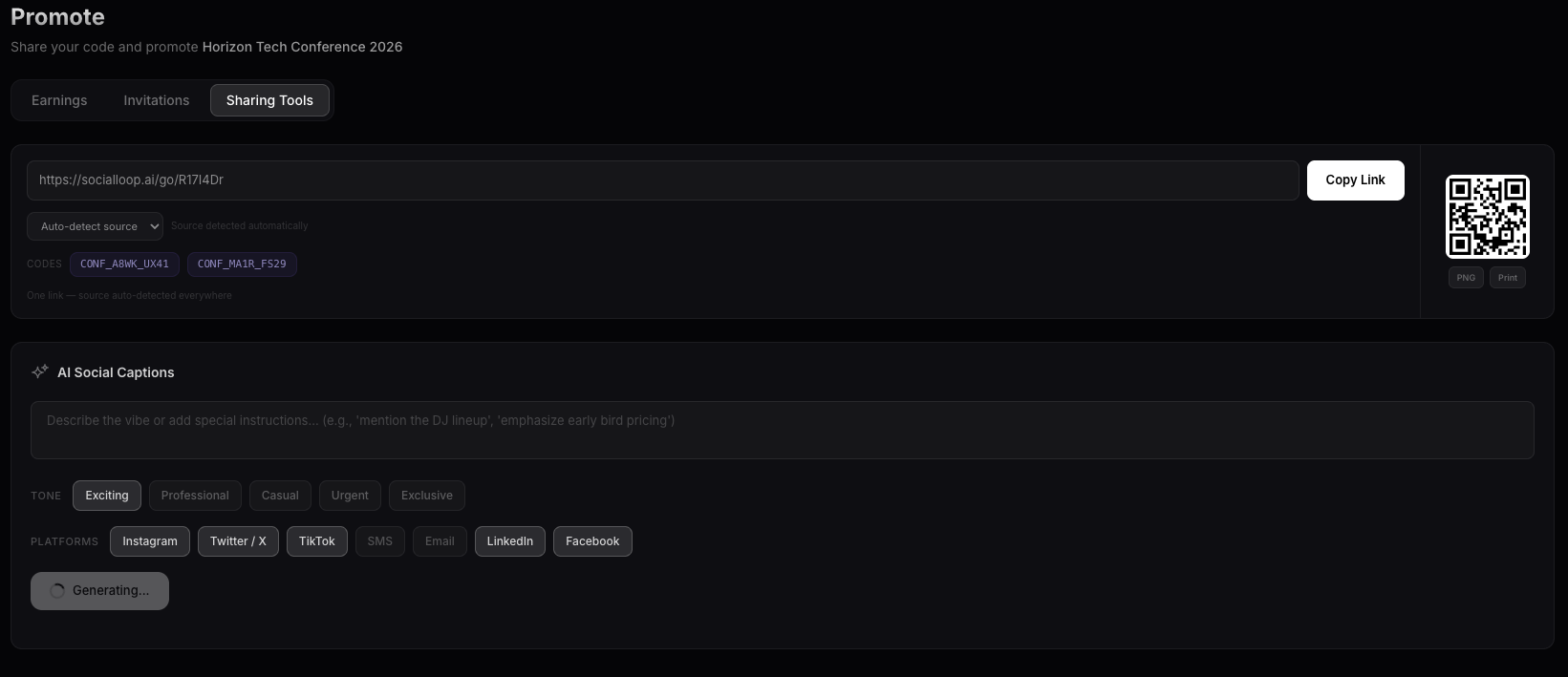 Sharing Tools — link, QR code, and promo codes