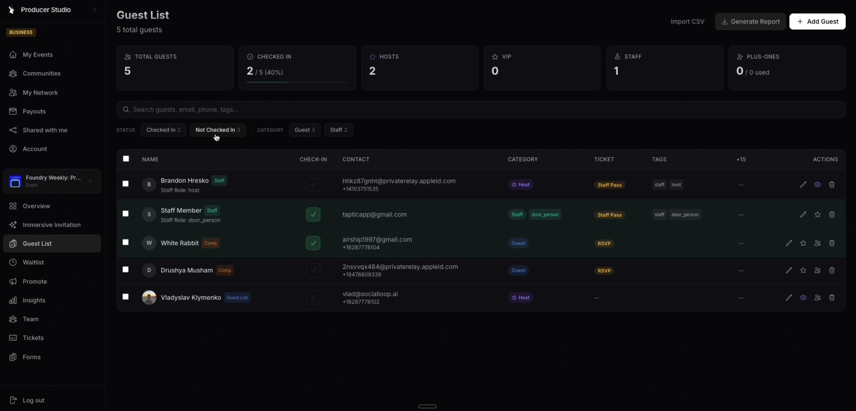 The guest list dashboard with source attribution per ticket — see exactly which affiliate, campaign, or link drove each sale.